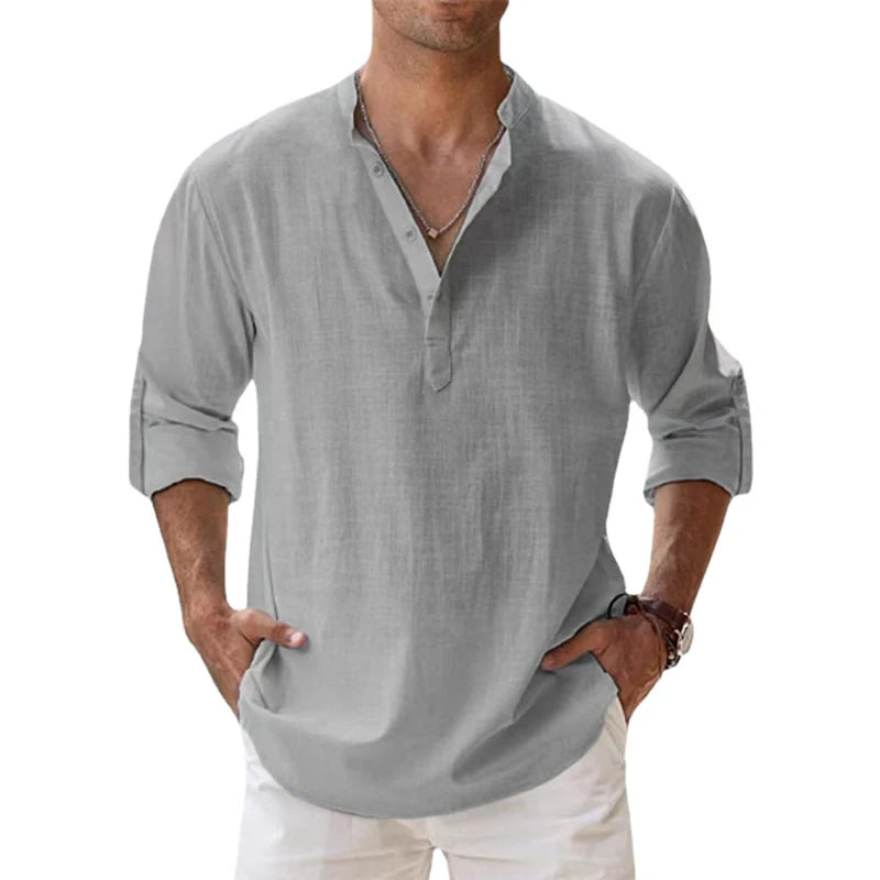 Nouvelles chemises en coton et lin pour hommes, chemises décontractées, chemises de plage légères à manches longues Henley, t-shirts hawaïens pour hommes