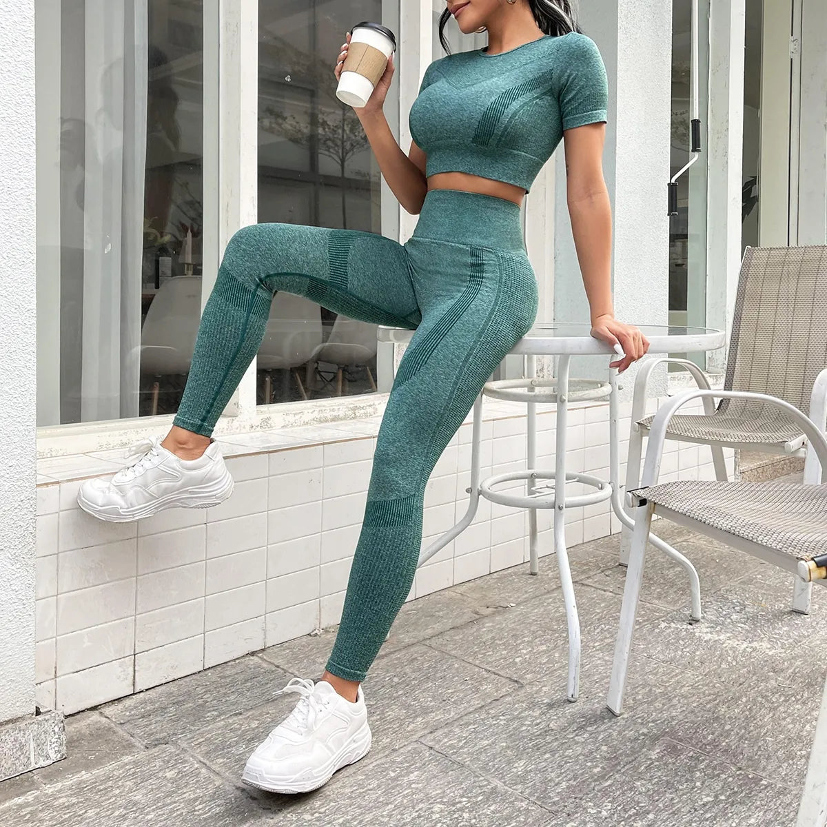 Ensemble 2 pièces, haut à manches courtes et pantalon long taille haute pour le contrôle du ventre, vêtements de sport, adaptés aux sports de plein air, vêtements de sport pour femmes