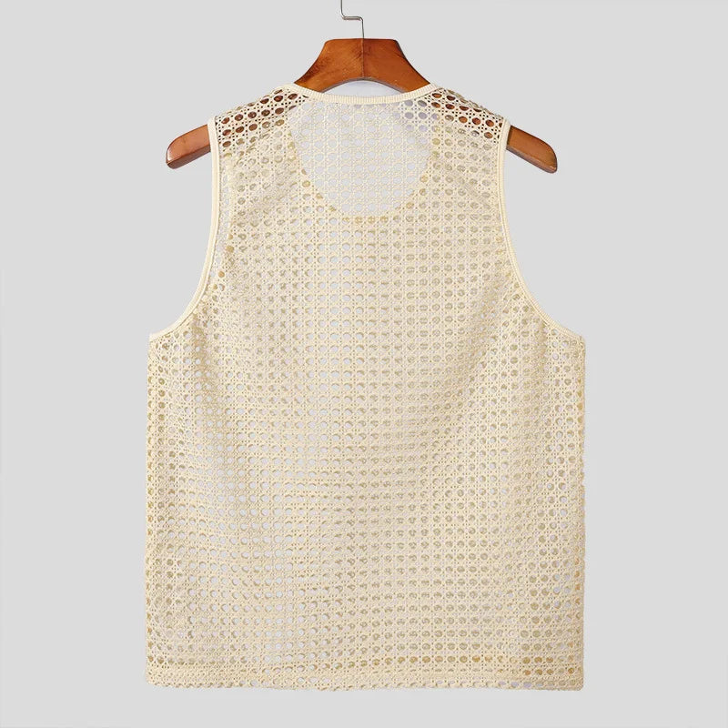 New American Style Fashion Men Tops Popular Vacation Hollow Out Mesh Vests Sexy Casual Sleeveless Tank Tops S-2XL 2025 Summer