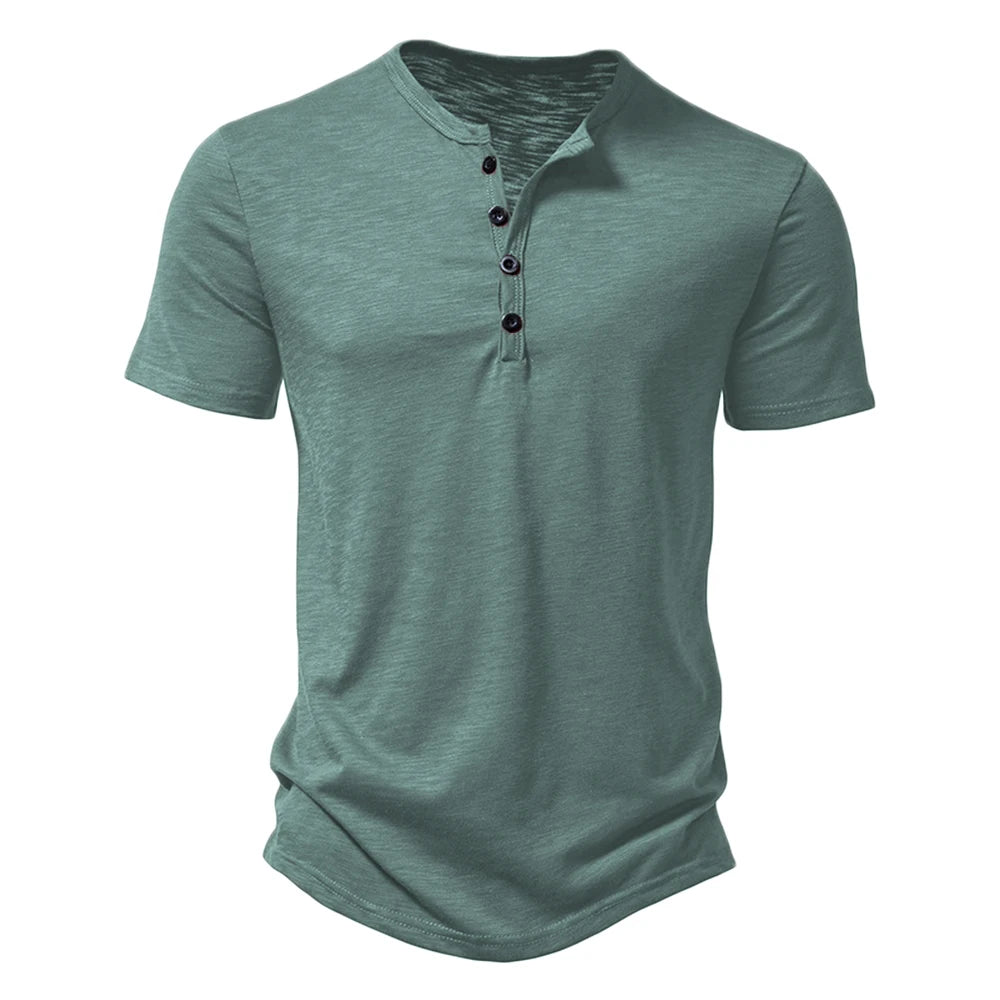 Henley Collar Summer Men Casual Solid Color Short Sleeve T Shirt for Men Polo men High QualityMens T Shirts