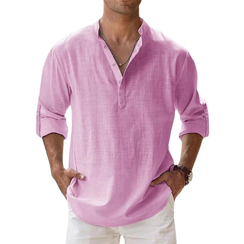 Nouvelles chemises en coton et lin pour hommes, chemises décontractées, chemises de plage légères à manches longues Henley, t-shirts hawaïens pour hommes