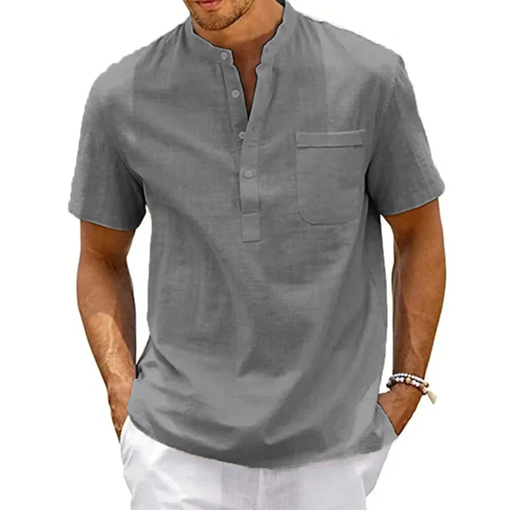 Cotton Linen Shirt Men Henley Neck Pocket Casual Beach Short Sleeve Solid Color Male Tops T-shirts Vintage Streetwear