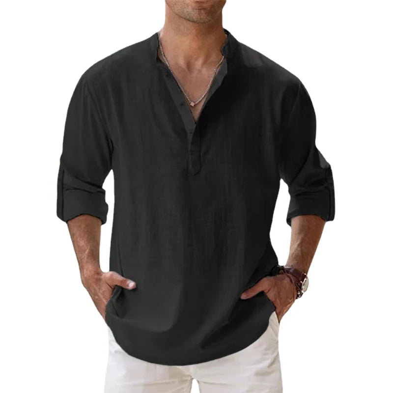 Nouvelles chemises en coton et lin pour hommes, chemises décontractées, chemises de plage légères à manches longues Henley, t-shirts hawaïens pour hommes