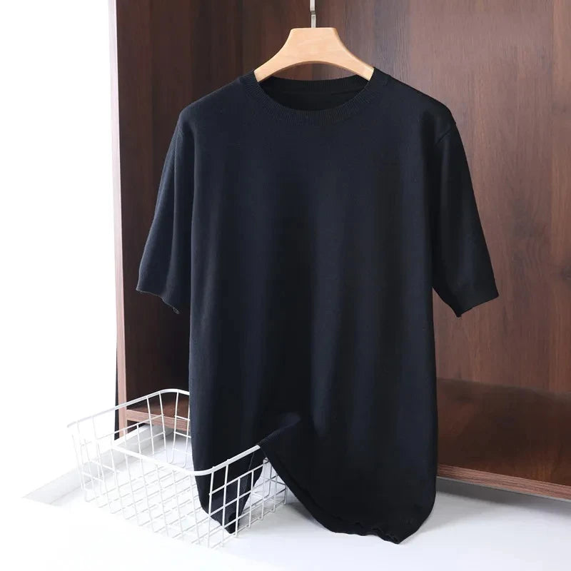 Superfine Merino Wool T Shirt Men's Knitted O-neck Breathable Thin Cashmer Short Sleeve Tee Solid Color Tops