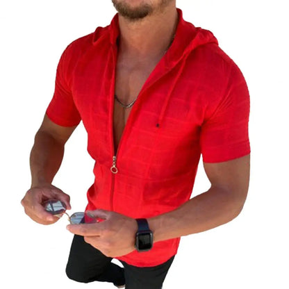 Breathable Short-sleeve Top for Men Men's Checked Hooded Tee Shirt Summer Top for Sports Leisure Outdoor Beach Fashion Wear