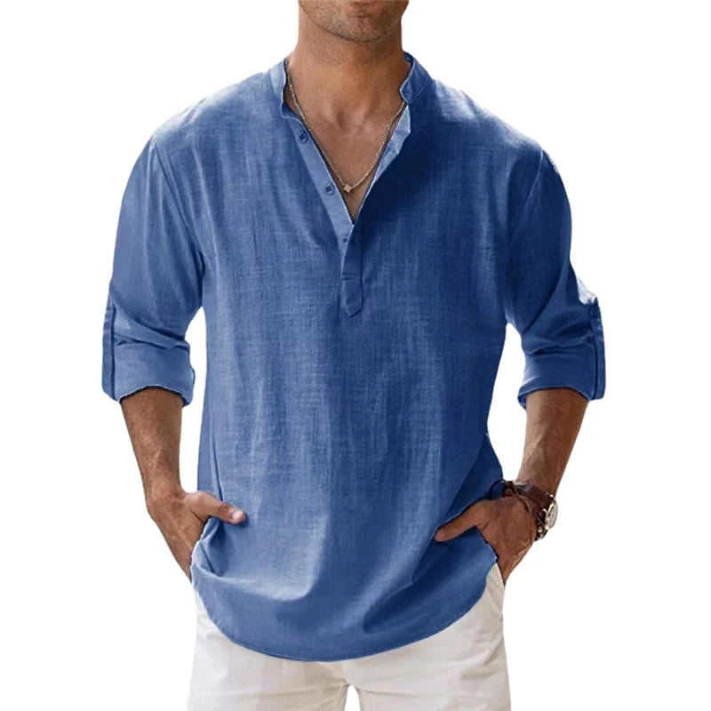 Nouvelles chemises en coton et lin pour hommes, chemises décontractées, chemises de plage légères à manches longues Henley, t-shirts hawaïens pour hommes