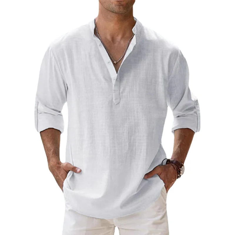 Nouvelles chemises en coton et lin pour hommes, chemises décontractées, chemises de plage légères à manches longues Henley, t-shirts hawaïens pour hommes