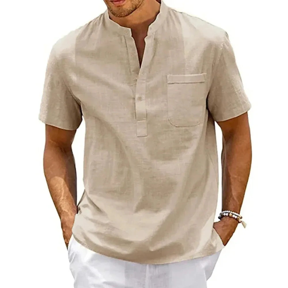 Camicia Uomo Manica Corta In Misto Lino, Stampa Etnica Vintage, Girocollo Henley, Vestibilità Ampia, Abbigliamento Estivo Casual Per Spiaggia E Tempo Libero, Taglie Dalla M Alla 4XL