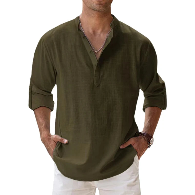 Nouvelles chemises en coton et lin pour hommes, chemises décontractées, chemises de plage légères à manches longues Henley, t-shirts hawaïens pour hommes