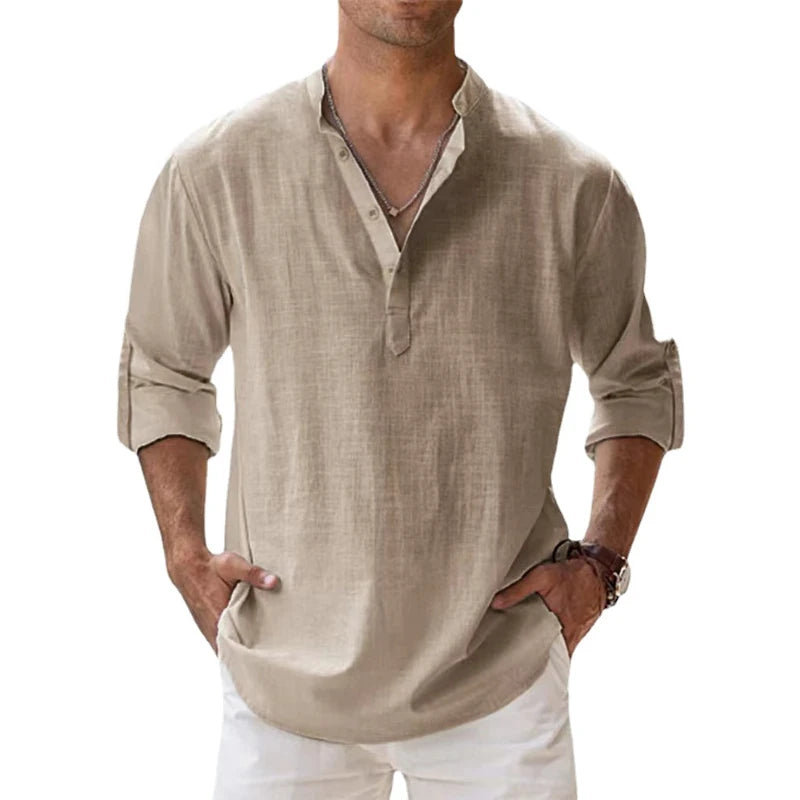 Nouvelles chemises en coton et lin pour hommes, chemises décontractées, chemises de plage légères à manches longues Henley, t-shirts hawaïens pour hommes