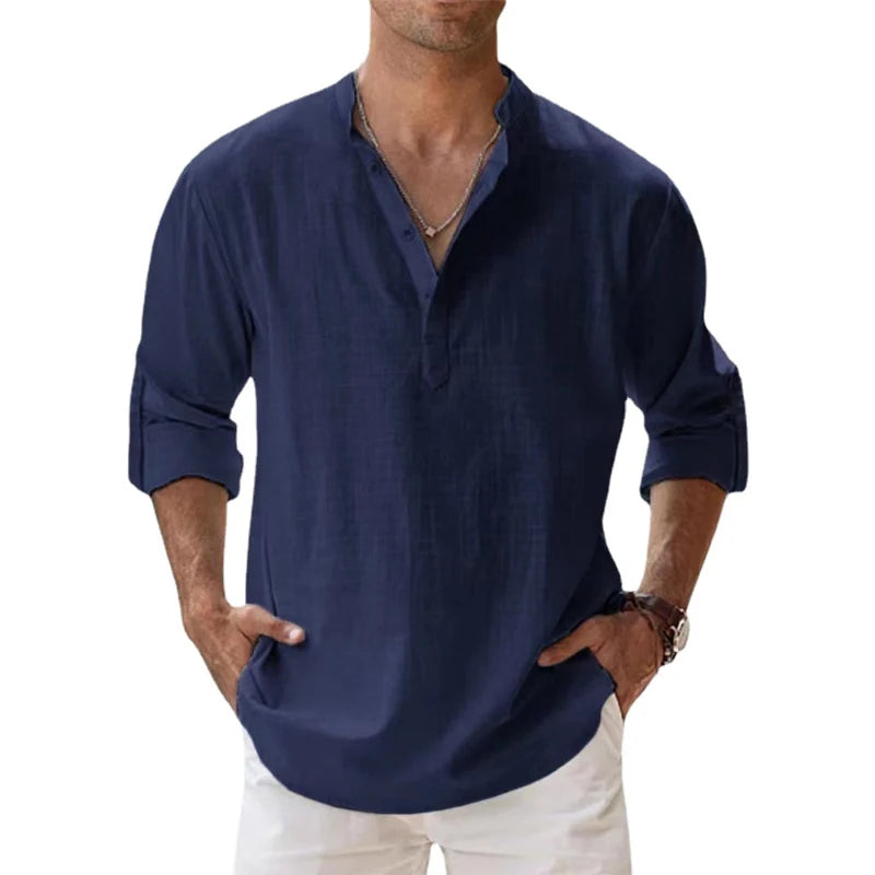 Nouvelles chemises en coton et lin pour hommes, chemises décontractées, chemises de plage légères à manches longues Henley, t-shirts hawaïens pour hommes