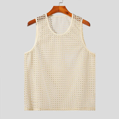 New American Style Fashion Men Tops Popular Vacation Hollow Out Mesh Vests Sexy Casual Sleeveless Tank Tops S-2XL 2025 Summer