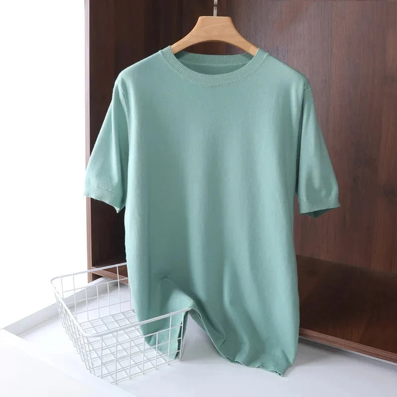 Superfine Merino Wool T Shirt Men's Knitted O-neck Breathable Thin Cashmer Short Sleeve Tee Solid Color Tops