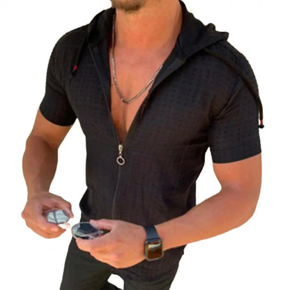 Breathable Short-sleeve Top for Men Men's Checked Hooded Tee Shirt Summer Top for Sports Leisure Outdoor Beach Fashion Wear