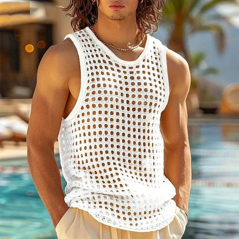 New American Style Fashion Men Tops Popular Vacation Hollow Out Mesh Vests Sexy Casual Sleeveless Tank Tops S-2XL 2025 Summer