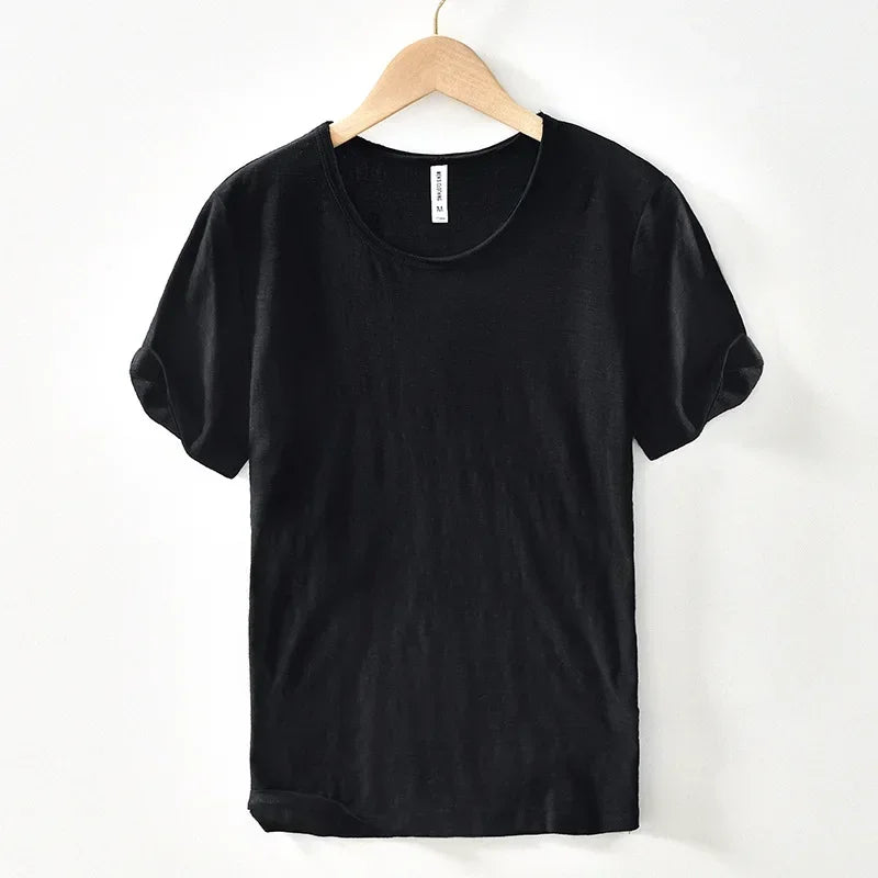 Mens Retro Raw Edge T-Shirt 100% Cotton Lightweight Breathable Slim-fit Monochromatic O-Neck Casual Basic Top Tees