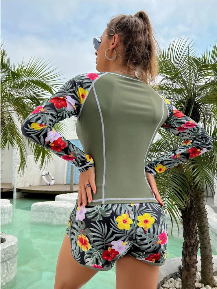 2025 New Tankini Women Swimsuit Tropical Print Bikini Set Long Sleeve Swimwear Summer Shorts Beachwear Female Bathing Suit